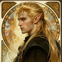 masterpiece ultra realistic illustration of a male elf with blonde hair in a ponytail, intricate, dramatic, cinematic, fantasy, highly detailed. in the style of alphonse mucha, final fantasy, artstation trending.