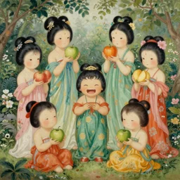 painting of multiple very funny nendroid girls and goddesses holding fruit in a garden, detailed, traditional, soft lighting, beautiful