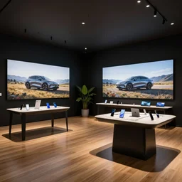 transportation design sketch ( ( ( ( ( serious grounded balanced muted flagship samsung store, black walls. timber floor. low ceilings with spots. curved furniture, with large digital screen. display tables with phones and tablets, pots with plants, large digital screens on the walls ) ) ) ) )