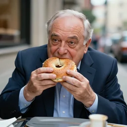 photograph of Rudy Giuliani eating a bagel, one point perspective, 1-point perspective, tilt shift, sigma 85mm f/1.4, 4k, depth of field, high resolution, 4k, 8k, hd, full color