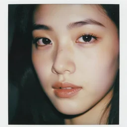 close up photo of beautiful woman face light freckles soft light polaroid