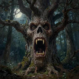 a talking oak tree, huge face in the bark, eyes in the bark, mouth in the bark, horror concept art, sharp teeth, digital painting, oil painting, hyperrealistic, treebeard, ent, undead, fantasy monster, moonlight, in the forest, by greg rutkowski