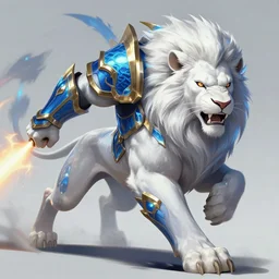 concept art of portrait of a white anthropomorphic lion, dragon armor blue neon and gold, launching an attack!!, running to the camera!!, style like ajani goldmane, like a heroes of the storm, movie style, anime by artgerm and greg rutkowski and magali villeneuve and league of legends concept artists