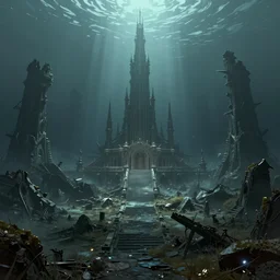 an artwork of a landscape of ruined underwater civilisation, dark souls style