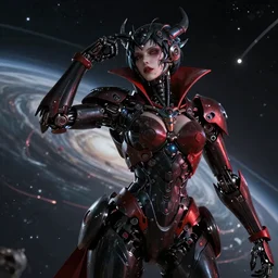 beautiful ultra realistic, technology, battle ready grim reaper queen, retrofuturism, highly detailed, artgerm, artstation, deviantart, black, red, malicious, dark, extreme closeup three-quarter android portrait, tilt shift LaGrange point orbit background, three point perspective, focus on portrait of two androids; pointé pose; eye contact, kinemacolor, soft lighting