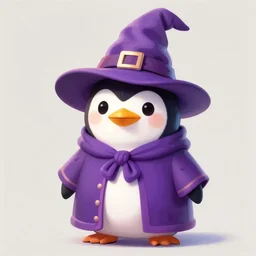 digital painting of an adorable penguin wearing a purple wizard robe and hat