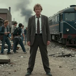 trainwreck in the slums, sci - fi film still, stylish, perfect cinematography, high definition, directed by terry gilliam 8 k