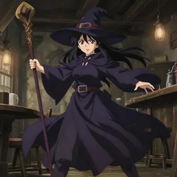 key anime visual portrait of a young robed female witch holding a staff in a tavern interior, dynamic pose, dynamic perspective, cinematic, dramatic lighting, muted colors, fine detail, textured