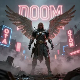 chosen warrior raised by angel, in the wasteland, the sky is filled with smoke surrounded by neon signs which spell doom, octane render, 4 k
