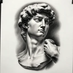 tattoo design sketch of the statue of david broken in the middle, in the style of den yakovlev, realistic face, black and white, realism tattoo, hyper realistic, highly detailed, 3 d