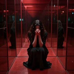 a dark mind in a nightmare is aware of betrayal sadness and despondency of a schizophrenic in a red mirror maze room