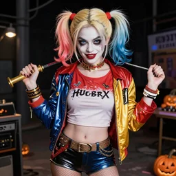 cosplay on Harley Quinn on Halloween, illustration, comic, by James Jean, by John Coltrane and Marc Simonetti, high detail of the face, full body