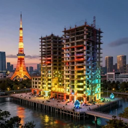 a beautiful detailed render of unfinished building urbex nature dock by william pereira, thermal vision tron at night crystal at dusk tokyo, archdaily, wallpaper, highly detailed, trending on artstation.