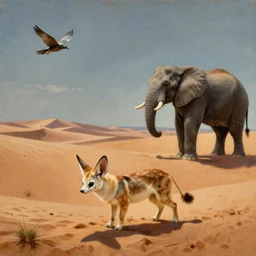 a painting of a fennec in the dessert hunting elephant - flys by dali