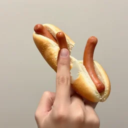 a photograph of a person with hotdogs instead of fingers