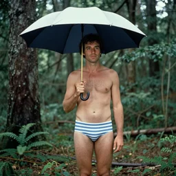 a man in a bathing suit holding an umbrella in the woods, a colorized photo by david lachapelle, flickr contest winner, primitivism, 1 9 7 0 s, bob ross, movie still