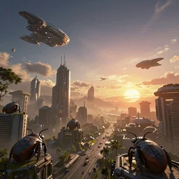 futuristic city bugs, cgi cutscene, sci - fi, space, mass effect, spaceships in sky, magic sunset,, atmospheric lighting, trending on artstation, digital art, game art, game design, realistic, unreal engine 5, octane render