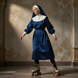blonde nun in blue clothes on roller skates, body shot, in the style of michaelangelo