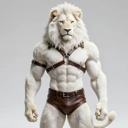 aesthetic portrait commission of a  of a male fully furry muscular anthro albino lion wearing attractive gay leather harness and shorts with a tail and a beautiful attractive hyperdetailed face r, safe for work (SFW). Character design by charlie bowater, ross tran, artgerm, detailed, inked, award winning film poster painting