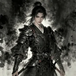 a post - apocalyptic ronin / knight in the style of oriental ink painting in the style of gothic art