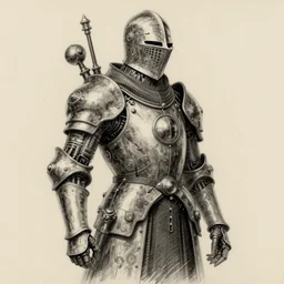 pencil drawing, retrofuturism, medieval knight with cybernetic implants and steampunk devices, artstation cgsociety
