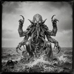 a daguerreotype of cthulhu rising from the ocean