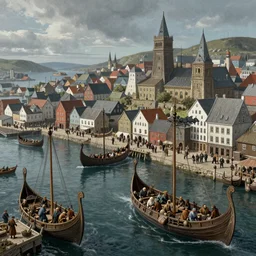 a viking busy capital city with a harbor and viking ships, vikings, trading, ultra detailed, realistic, lost civilizations, masterpiece, 4 k, highly detailed, digital painting, artstation, concept art, sharp focus, illustration, art by j. c. dahl, hans gude and adolph tidemand