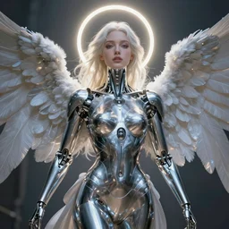 Portrait of a Biomech angel, chrome, bright halo
