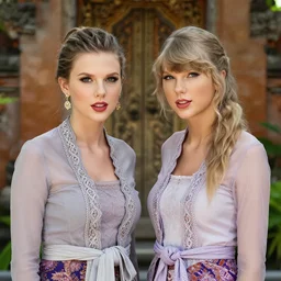 portrait of lindsey pelas and taylor swift wearing kebaya in bali, by charlotte grimm, natural light, detailed face, beautiful features, symmetrical, canon eos c 3 0 0, ƒ 1. 8, 3 5 mm, 8 k, medium - format print, half body shot