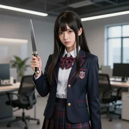 magical and mystical school girl holding a knife on modern a office, octane render, rembrandt, cgsociety, artstation trending, highly detailded