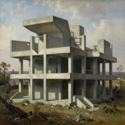 classical landscape paintings of brutalist concrete structures, masterpiece, insanely detailed and intricate, oil paint, super detailed by eugene von guerard and asher brown durand