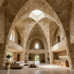 inside organic home made of sandstone. tall vaults, thin columns. very tall living room and kitchen. geodesic cellular geometry. architectural photography. unreal engine, 4 k, 8 k. volumetric lighting.
