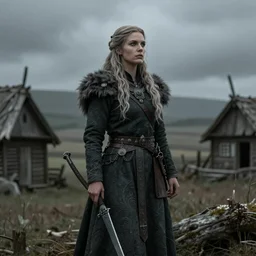a female viking seer witch in the village. Highly detailed. 8k. Fantasy horror.