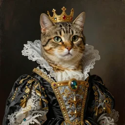 painting of a tabby cat dressed up like a noble queen of france, classic painting, highly detailed, portrait