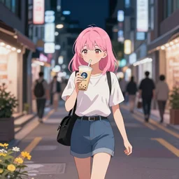 korean anime girl with pink hair walking in seoul, drinking boba drink at night