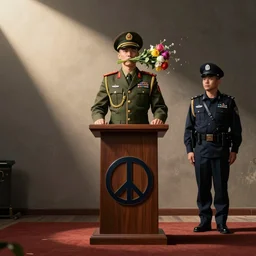 military dictatorship with peace symbols on a podium, police state with flowers coming from mouth