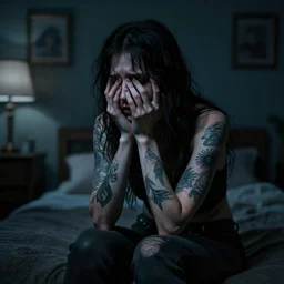 a dark mind in a nightmare is aware of betrayal sadness and despondency of a schizophrenic tattoo body in a hyper room 8K resolution
