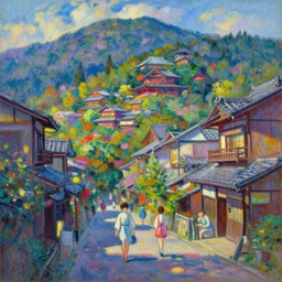 a beautiful japanese city in the mountain, amazing ryokans and gorgeous edo era houses, fantastic characters in the scene, epic cyberpunk, lofi vibe, colorful, vivide colors, amazing light, really beautiful nature, oil painting in impressionist style, by jeremy lipkin, by claude monet, by makoto shinkai, kandinsky touches, multiple brush strokes, inspired by ghibli, masterpiece, beautiful