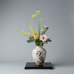 an owl ikebana vase, japanese ikebana flower arrangement, summer, japanese flowers, owl motif, glazed clay, traditional japanese pottery, zen,