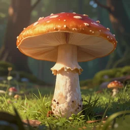 digital painting, highly detailed, trending artstation, photorealism, octane render, a large mushroom in the grass in the forest, epic, illustration, shallow depth of field, in the style of craola, cinematic lighting, vibrant colors, concept art