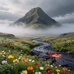 spring mountain landscape of an alien planet : : misty, environment, cinematic composition, cinematic lighting, photo realistic, ultra detailed, magnificent, 4 k, 8 k : : flower fields, grasslands, lava river, magma pool