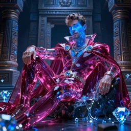 futuristic handsome Nick Jonas as a prince made of magenta-tinted glass wearing a hypersonic cape in an onyx aztec temple, reclining, glowing blue face, futuristic, oozing glowing liquid, blue diamonds, very detailed render, cosmic lighting