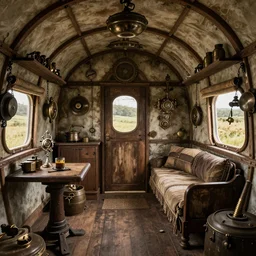 interior of a traditional gypsy caravan, steampunk, octane render, trending on artstation