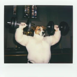 oversized anthropomorphic jack russell parson bodyuilder is pumping iron, in church, close body shot, nighttime, cinematic focus, polaroid photo, vintage, neutral dull colors, soft lights, foggy, overcast by oleg oprisco, by thomas peschak, by discovery channel, by victor enrich, by gregory crewdson