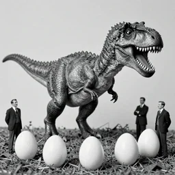 happy t rex. eggs. Business men. anamorphic, strange, black and white, photograph, 1850s
