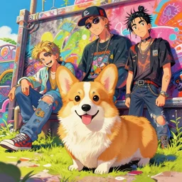 beautiful anime painting of sunny hiphop solarpunk summertime chill corgi, by tim okamura, victor nizovtsev, greg rutkowski, noah bradley. trending on artstation, 8 k, masterpiece, graffiti paint, fine detail, full of color, intricate detail, golden ratio illustration