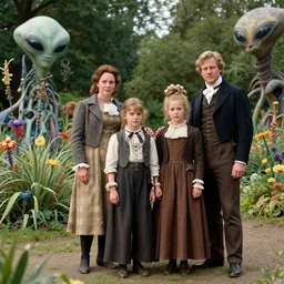 sharp, highly detailed, 43456k film, 161800mm film still from a sci fi blockbuster color movie made in 2019, set in 1860, of a family standing in a park, next to some strange alien plants and flowers, on an alien planet, the family are all wearing 1860s era clothes, good lighting, ultra high definition, in focus, 35mm macro lens, enhance faces