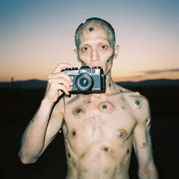 a mutant with eyes all over its body. film photography, studio photo, dusk, sunset, film photo, rollei 3 5 camera, tri - x film