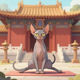 sphynx cat doing yoga in a temple, illustration, digital art, trending on artstation