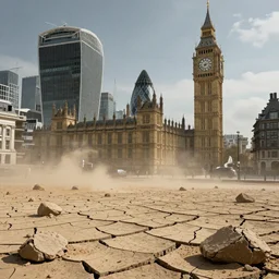 london in a drought, covered with sand and corroding buildings, 4k, unreal 5